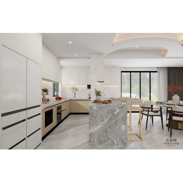 Wood Grain White U-Shape Stainless Steel Kitchen Cabinets