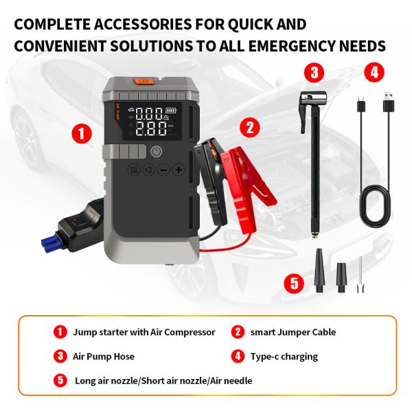 Portable Battery 8000mAh Jump Starter With Air Compressor Type C Charging LED Display Car Battery Jump Box