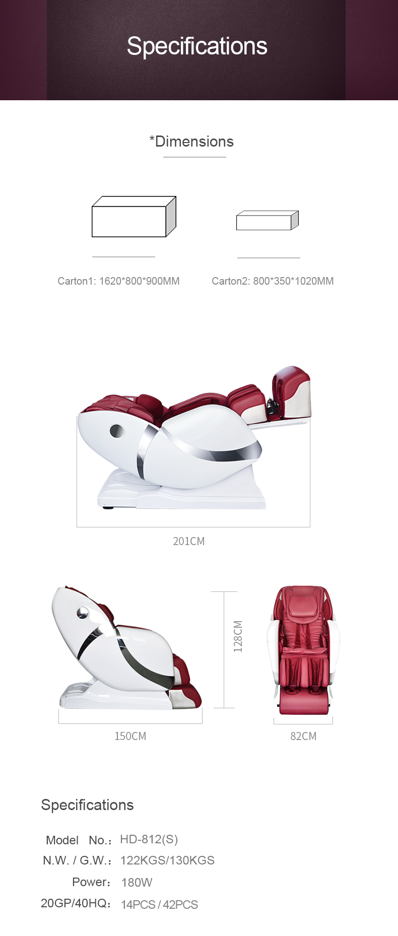 3D 135CM SL Genuine Leather Heated Massage Recliner 25min HD812