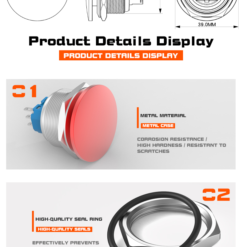 Metal mushroom head self-reset button 30mm power start switch momentary rebound reset self-lock button waterproof