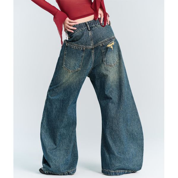 Streetwear Fashion Y2K Style Wide Straight Leg Fit Denim Jeans with Hole Decoration