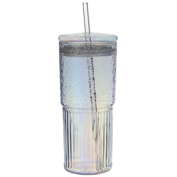 Large Capacity Cold Drink Glass Mug 600ml High Borosilicate Glass Cup With Straw Lids