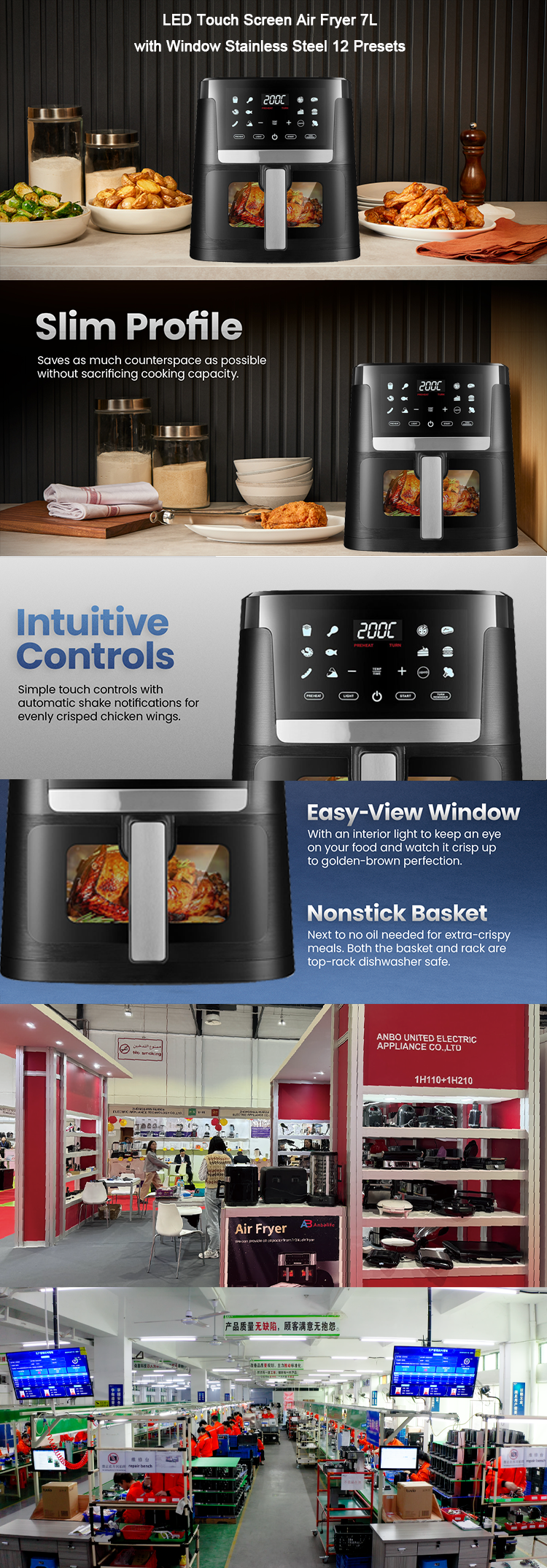 LED Touch Screen Air Fryer 7L with Window Stainless Steel 12 Presets