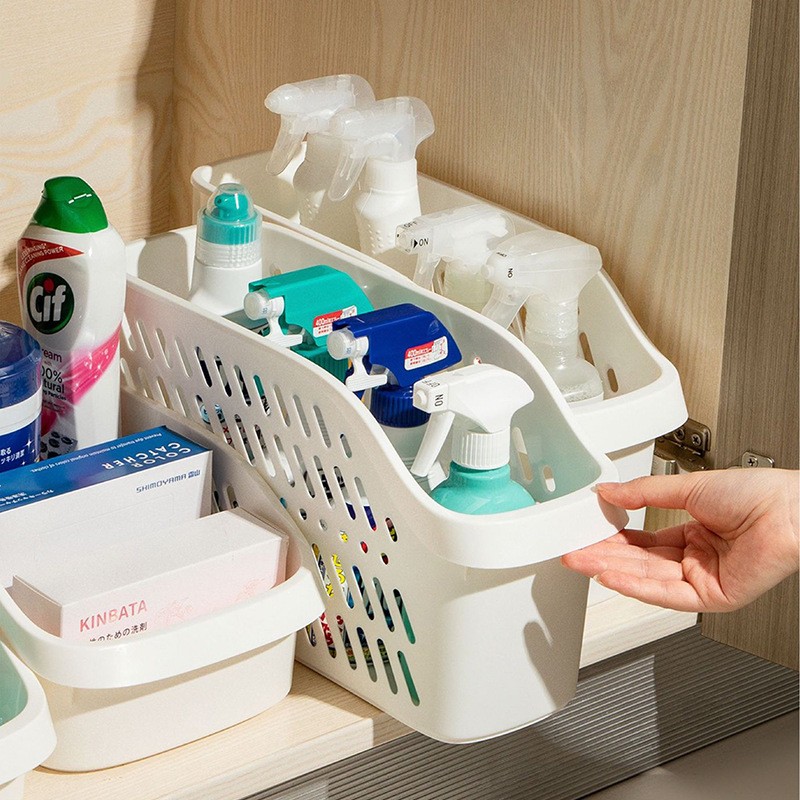 Cabinet Storage Box Under the Kitchen Sink Clutter Storage Basket Removable with Pulley Storage Basket Plastic