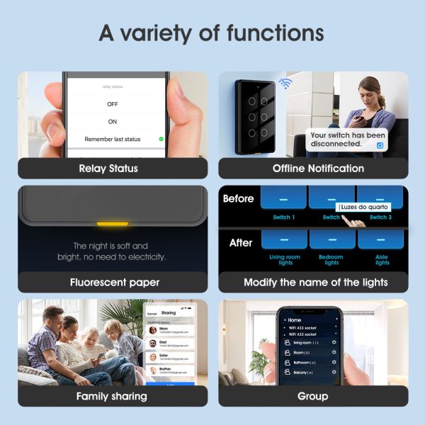 Tuya Smart WiFi 6 Gang Light Switch  No Neutral Wire, Timing, Voice Control, RF433, Alexa & Google Home Compatible