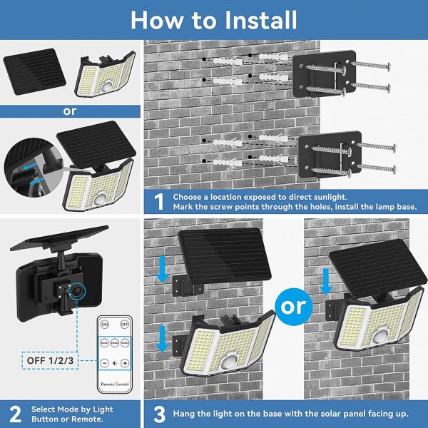 Éclairage solaire extérieur de 3000 lumens économe en énergie Éclairage murale IP44