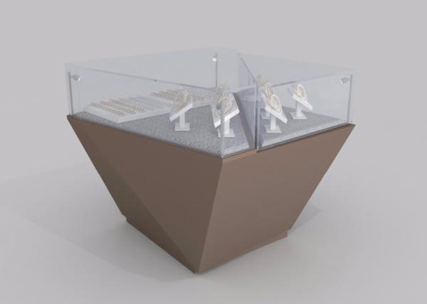 Small Custom Glass Display Cases Wooden Construction With Brown Se-Mi Gloss Lacquer Finished
