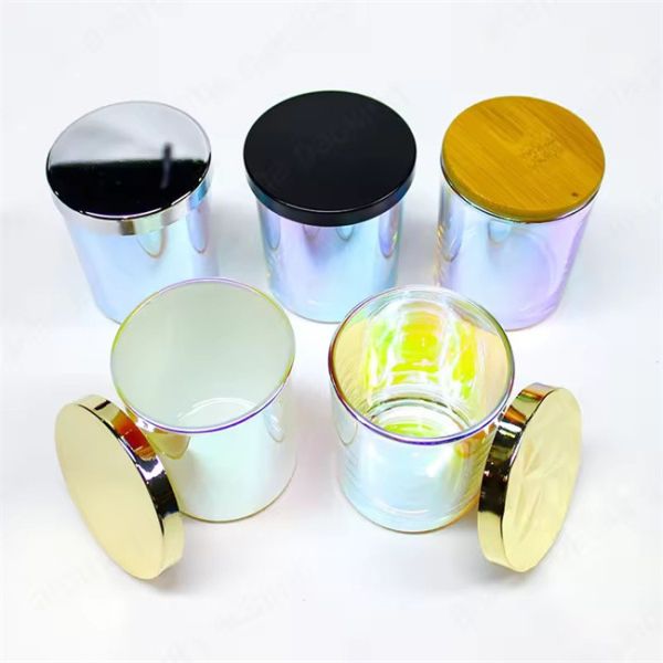 Black White Frosted Double Wall Amber Glass Iridescent Candle Vessel Luxury Rainbow Color Glass