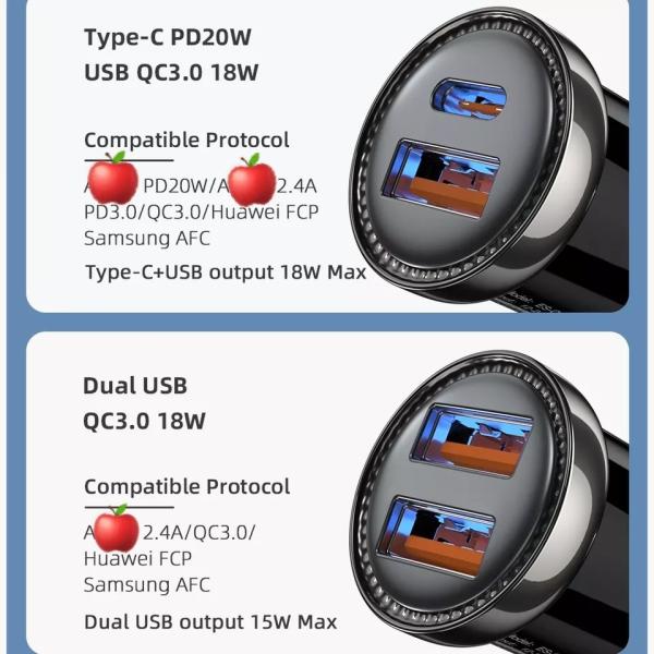 Fireproof PC Phone USB Car Chargers Mini 20W PD3.0 QC3.0