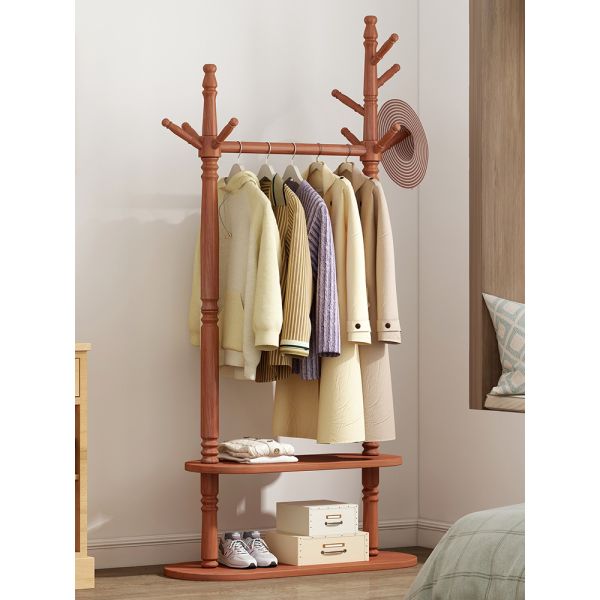 2 Tier Heavy Duty Modern Dress Hanger Stand Pine Wood Freestanding Clothes Rack