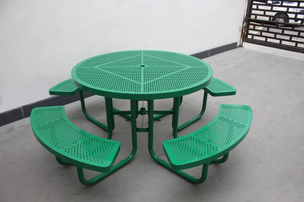 Commercial Garden Round Picnic Table Set Perforated Steel Material With Four Benches