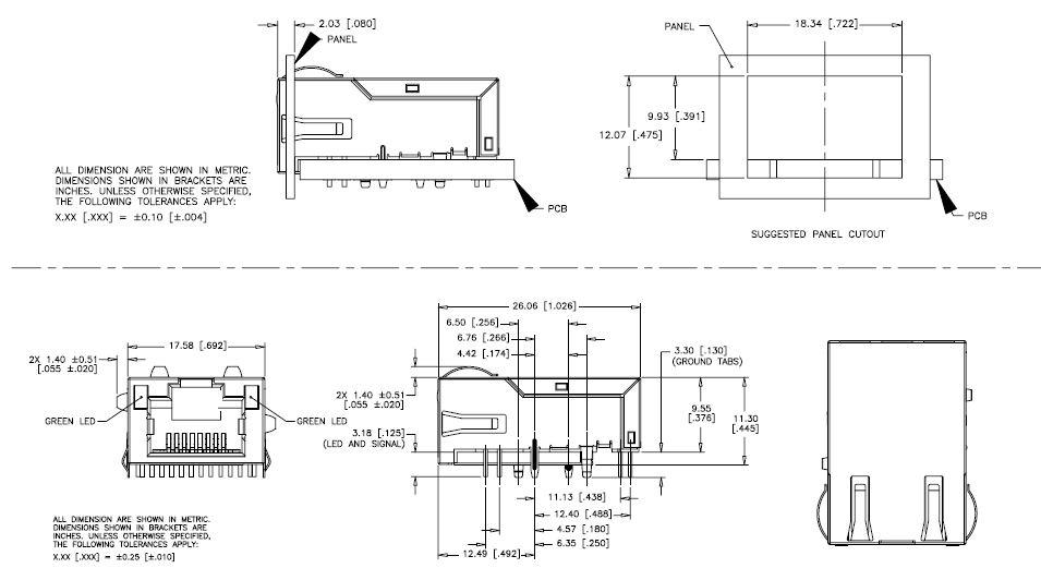 1000Base-T PoE RJ45 Connector , J1L-0103NL POE RJ45 Jack Single Port