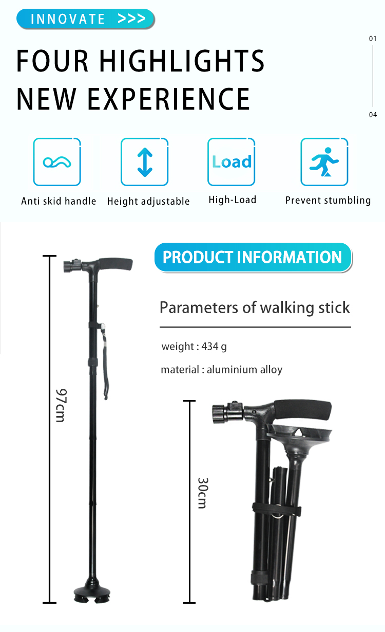 Горячая продажа Домашнее уход складной ходьбы трости с светодиодным светом для пожилых людей
