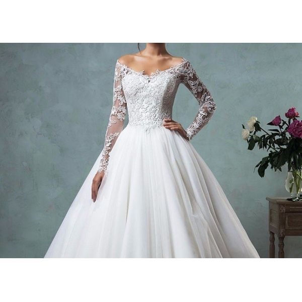 Fashion Long Sleeve Lace Wedding Dress Off Shoulder Backless Organza Sweep Train