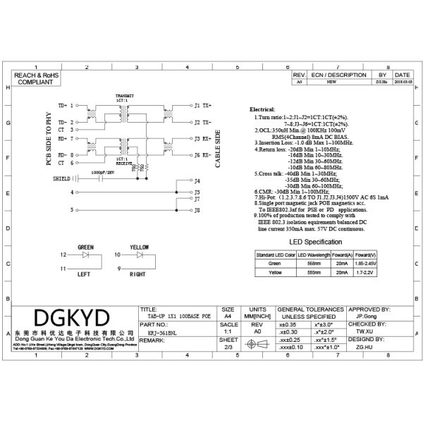 Металл защищал RJ45 Magnetics, соединитель PoE Rj45 мегабита с Magnetics, 100Mb