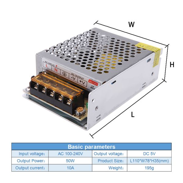 AC 100V 240V к переходнику трансформатора переключения регулятора электропитания DC 5V 10A 50W для прокладки света СИД