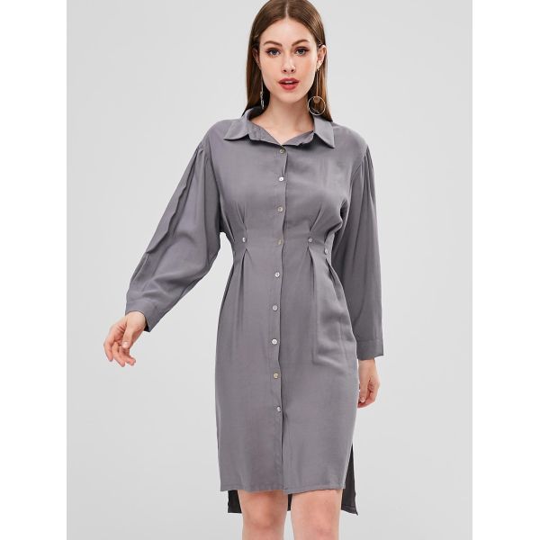 Fall Clothing Womens Midi Double Slit Shirt Dress Long Sleeve