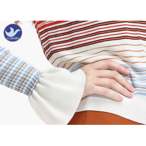 Young Girl Trumpet Cuff Womens Knit Pullover Sweater Multi Color Stripes Apparel