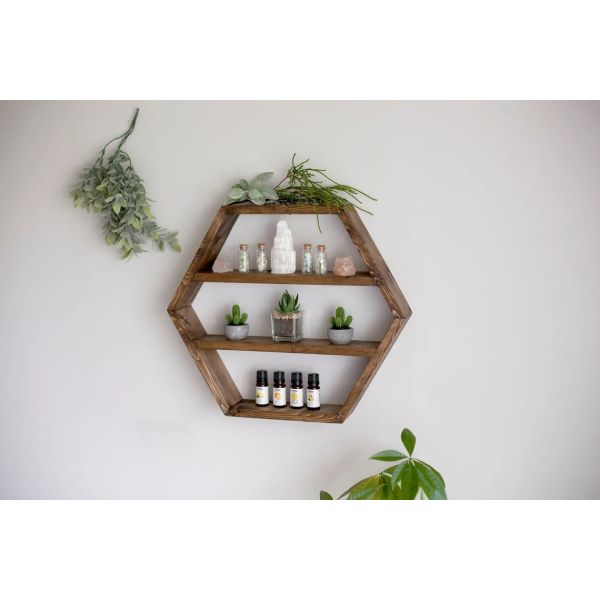 Home Decoration Solid Wood Hexagon Wall Mounted Floating Shelf Wooden Storage Shelves