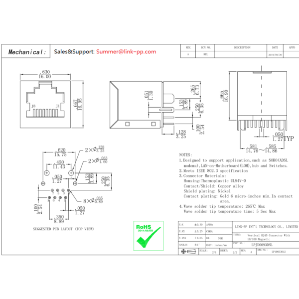 TLA-6T724 Vertical RJ45 Jack LPJD0093DNL 180° Degree for Network Camera