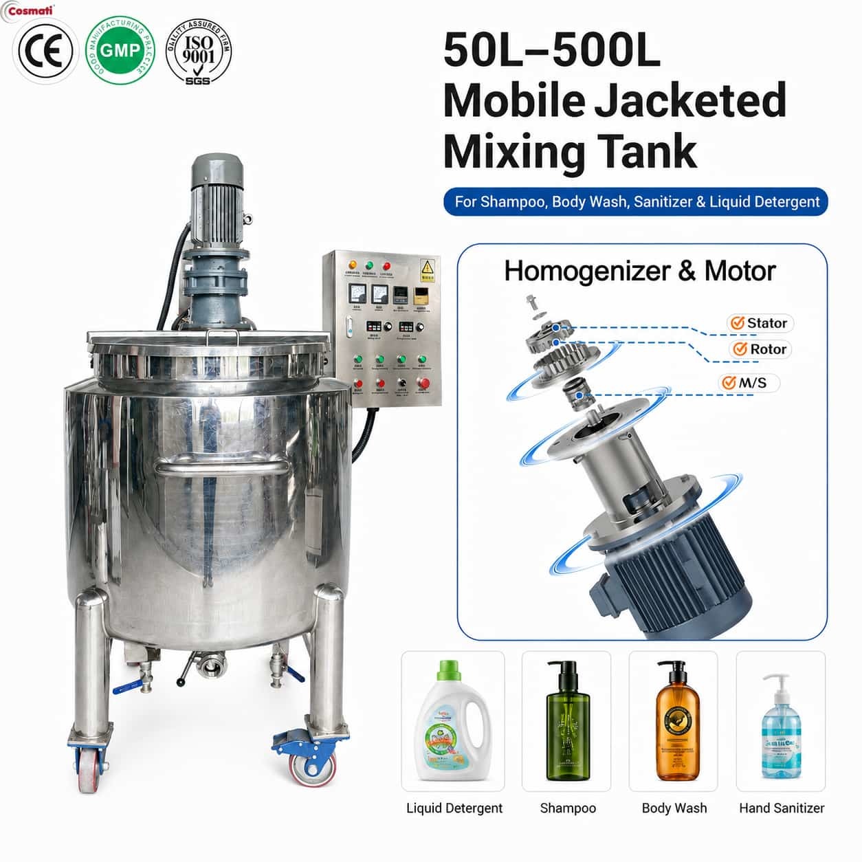 50L-500L Stainless Steel Mixing Homogenizing Tank Shampoo Liquid Soap Detergent Mixer