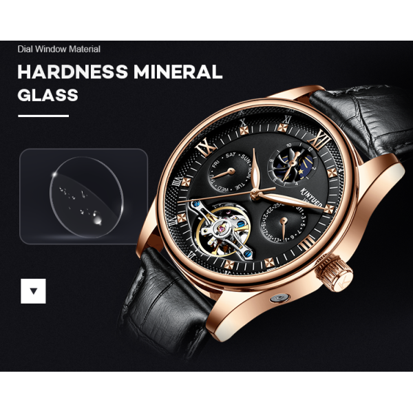KINYUED genuine leather tourbillon mens automatic watch  men moon phase watch men wristwatch