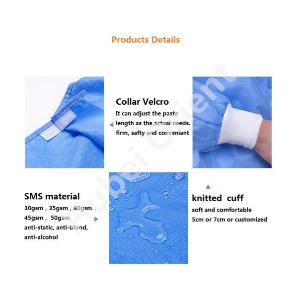 AAMI PB70:2012 Level-3 Knitted Cuffs Disposable SMS Fabric Surgical Gown