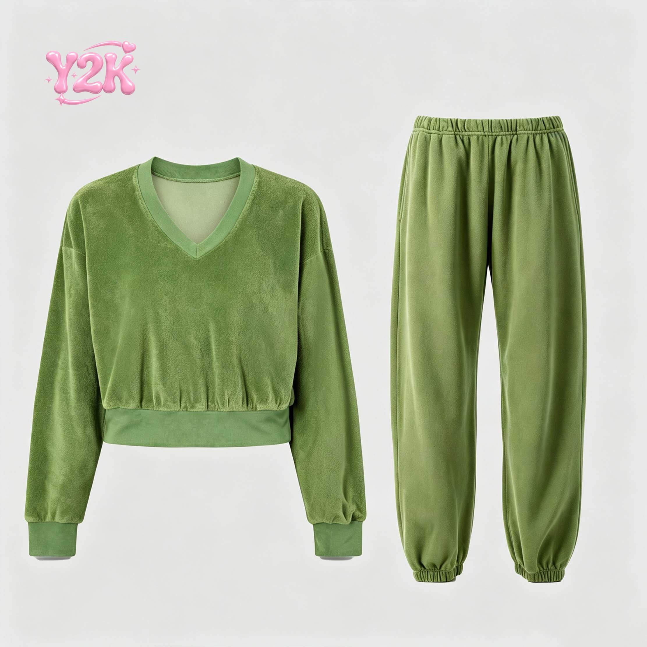 Custom Women's Terry V Neck Top Wide Leg Pants Lounge Set