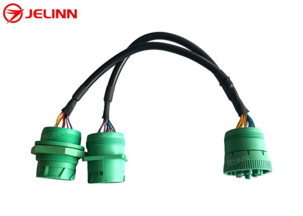 Green Deutsch 9 Pin J1939 Female to J1939 Male Square Flange and Threaded J1939 Male Split Y Cable