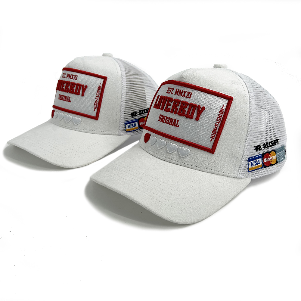 Fashion Classic Mesh Suede 5 Panel Trucker Cap 3D Embroidery Patch Snap Back Unisex