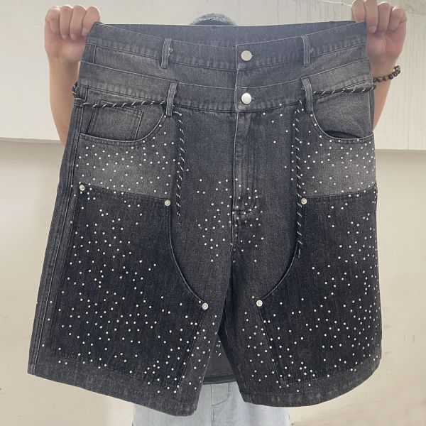 Streetwear Double Waist Acid Wash All Over Rhinestone Crystal Men's Shorts