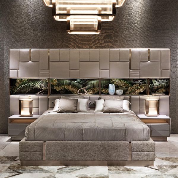 Unique Storage Rack Leather Very Big Headboard Bed Set Modern Luxury Master Bedroom Furniture Huge Bed With Led Light