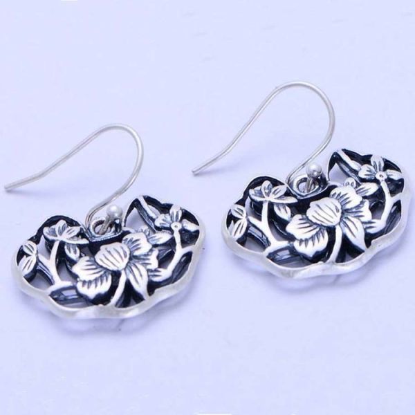 Sterling Silver 925 Engraved Flowers Dangle Earring (XH042982W)