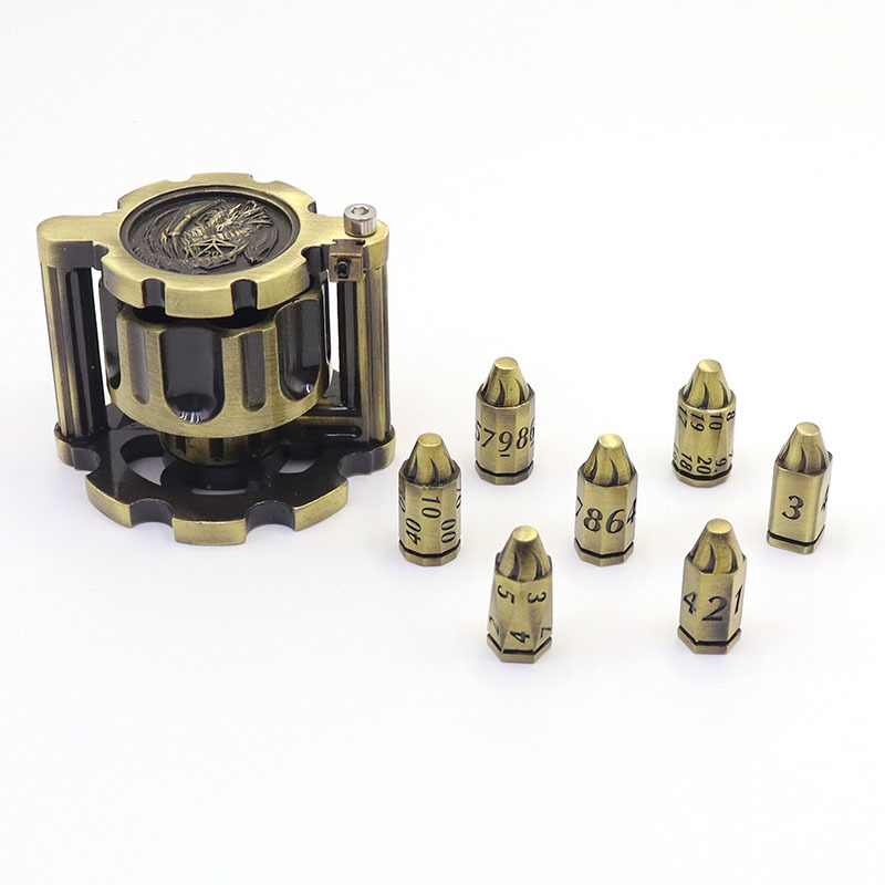 Rotatable Revolver Cylinder Metal Dice Set with Antique Bronze Zinc Alloy Bullet Shaped Polyhedral Dice for RPG Games