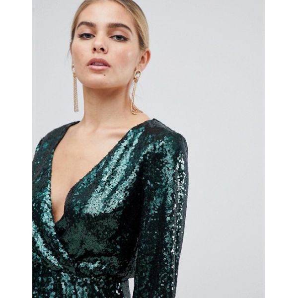 OEM sequin wrap front long sleeve green skater dress
