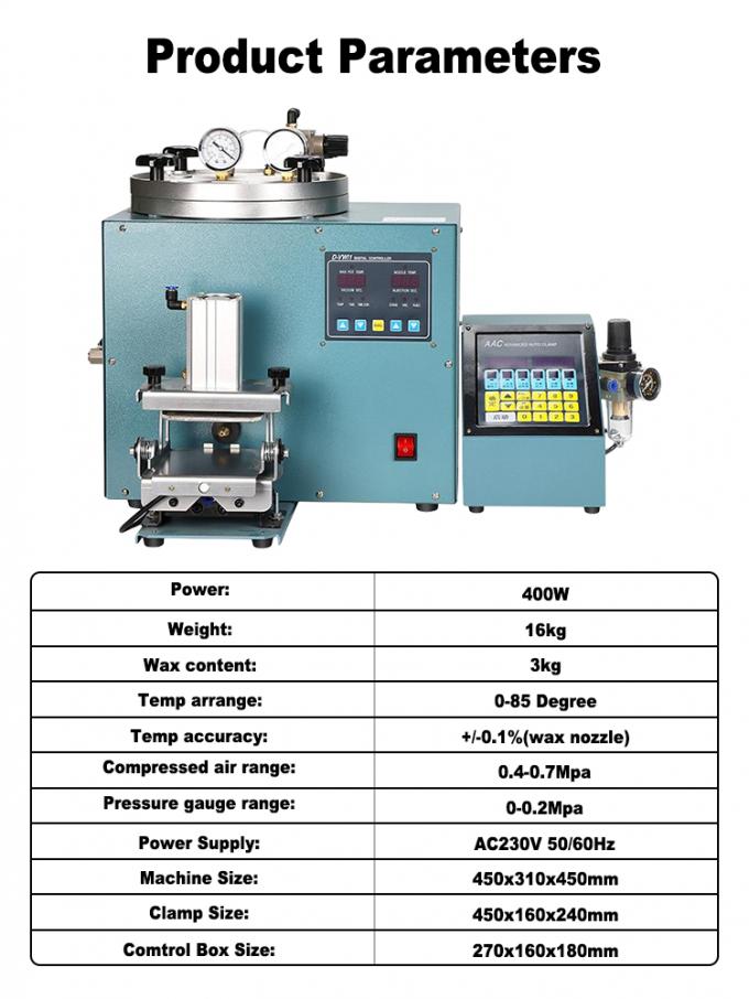 Jewelry Wax Injection Equipment Rated at 400W Power, Holding Up to 3kg Wax, with a 0°C to 85°C Temperature Control Range