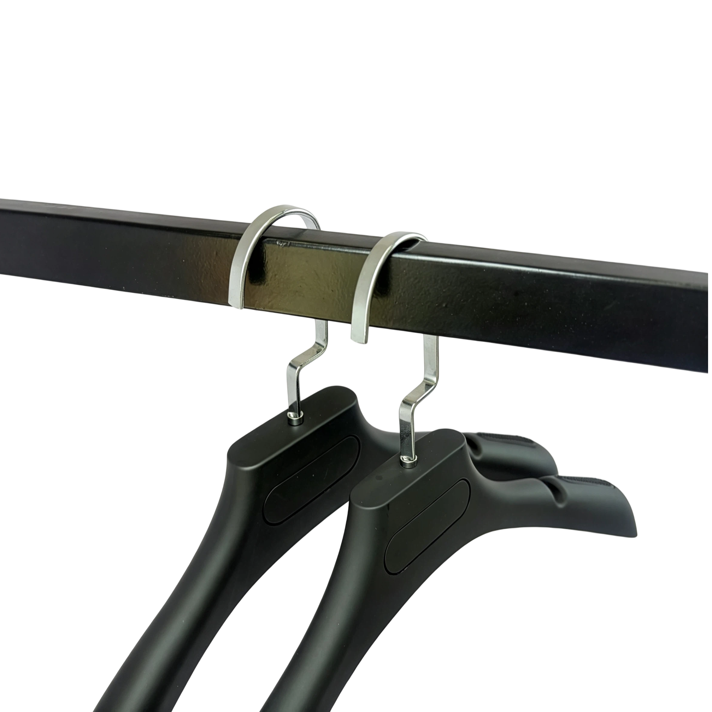 Matte black non-slip ABS material suit hanger for coats and suits with chrome flat hooks