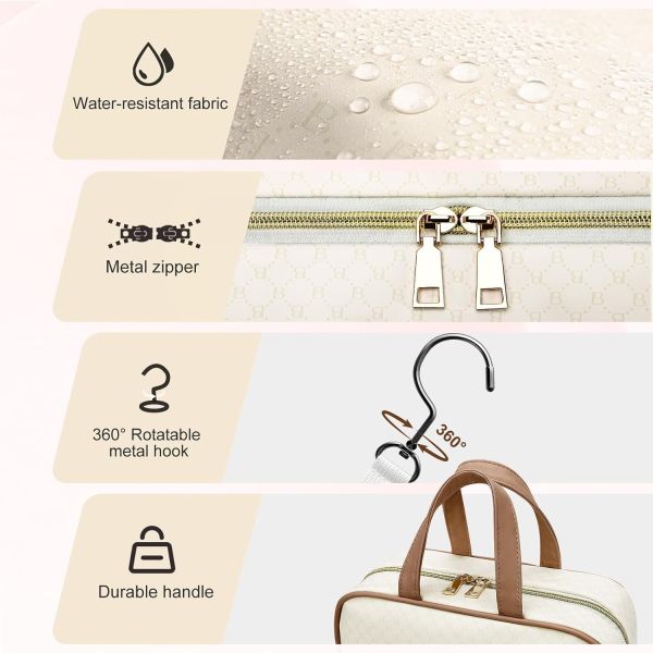 Water-resistant Creamy White Toiletry Hanging Makeup Cosmetic Organizer Travel Bag for Full Sized Toiletries Accessorie