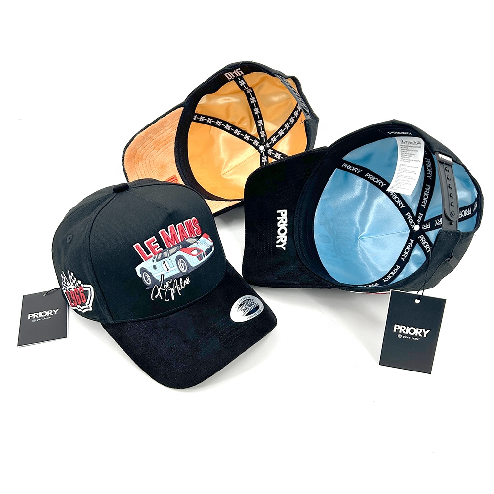 Baseball Hats Customized 3D Embroidered Logo 5 Panel Suede Cap Satin Lining With PVC Metal Logo