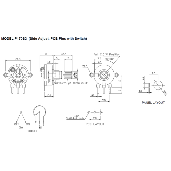 Metal shaft panel potentiometer TT Electronics P170S-FC15BR100K with switch and long rotational life