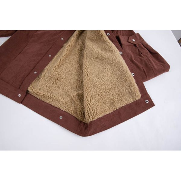 Chestnut Brown Corduroy Shell Sherpa Lined Trucker Jacket with Snap Front Closure