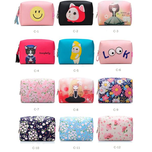 Cartoon Pattern Promotional Toiletry Bag Leather Material With Custom Design