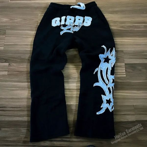 Mens Graphic Sweatpants Puff Print Logo Heavyweight Embroidered Patch Black Flared Joggers