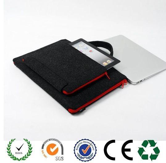 2016 latest design red zipper dark grey felt laptop bag with handles