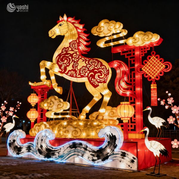 Custom Chinese Style Horse Lantern With Cloud & Gear Base, Giant Traditional Animal LED Light Sculpture for New Year Festival Light Show