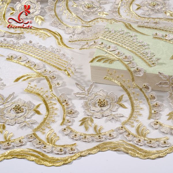 Heavy Tulle Beaded Embroidered Lace Fabric For Bridal Dress Azo Free Dyeing