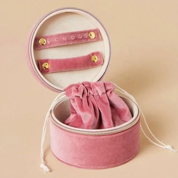 Round PU Leather Jewellery Box Organizer Wth Zipper Closure And Drawstring Pouch
