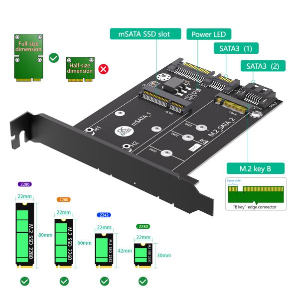 2 в 1 MSATA / M.2 NGFF SSD к карте адаптера для двойного преобразователя SATA3 с бракетом профиля полной высоты