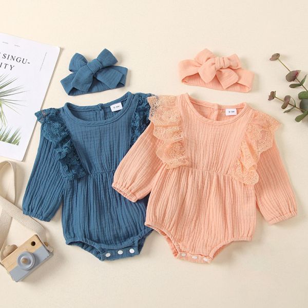Wholesale baby summer Lace Ruffled muslin Buttons baby bodysuit with headwrap set