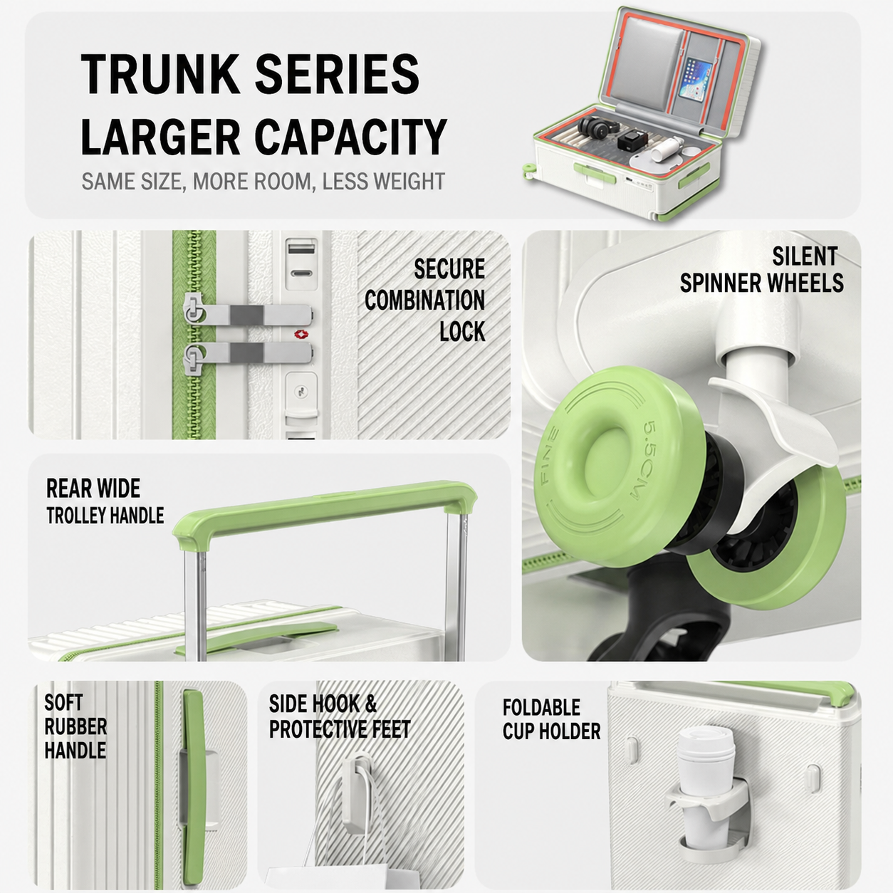 Large Capacity PC Hard Shell Suitcase with Wide Handle, Cup Holder, Side Hook and 360 Degree Spinner Wheels Wholesale